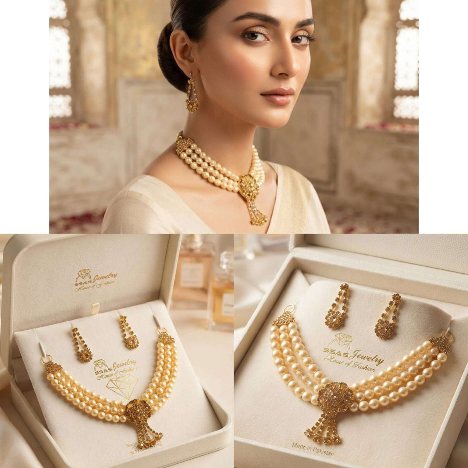 SSAS Jewelry House of Fashion | 3-Layer Pearl Choker Necklace Set with Gold Pendant & Drop Earrings | Cream Pearl Necklace for Weddings & Formal Wear
